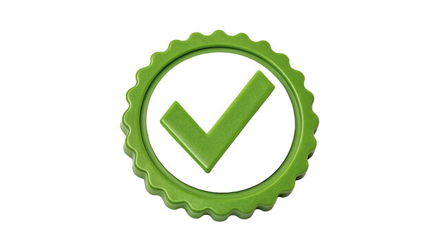 Green circular check mark tick cap button isolated on transparent background for business survey success approval checklist.
