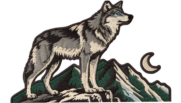 Vintage embroidered wolf wildlife patch, detailed gray wolf standing on a rocky mountain ridge beneath a crescent moon, intricate stitched fur texture, layered thread embroidery, woven fabric texture