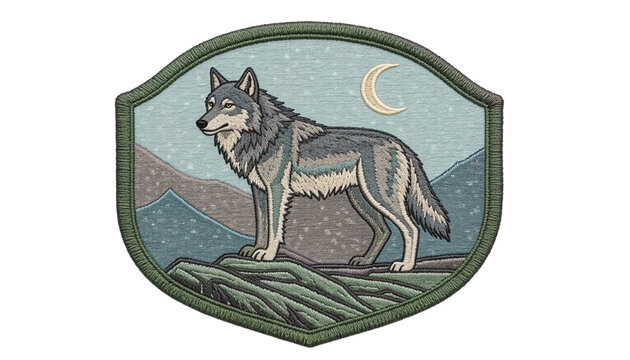 Vintage embroidered wolf wildlife patch, detailed gray wolf standing on a rocky mountain ridge beneath a crescent moon, intricate stitched fur texture, layered thread embroidery, woven fabric texture