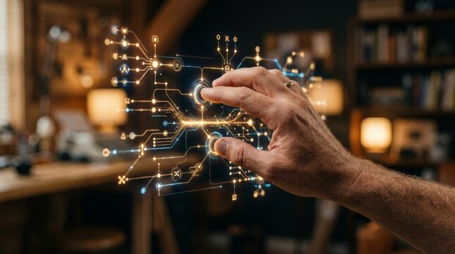 A close-up of a human hand interacting with a glowing digital network interface, illustrating a secure vpn connection setup inside a warm study room setting, underscoring the technology