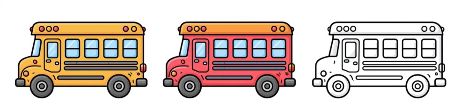 Bright and simple school bus drawings ideal for educational content and seasonal marketing with bold lines and vivid hues.