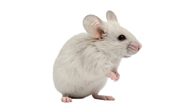 Small fluffy white domestic mouse pet animal isolated on transparent background for veterinary rodent care promotion.