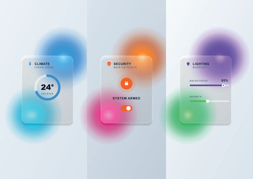 Smart Home Automation UI Dashboard Widget Set with Glassmorphism Effect and Climate Security Controls for Mobile Applications
