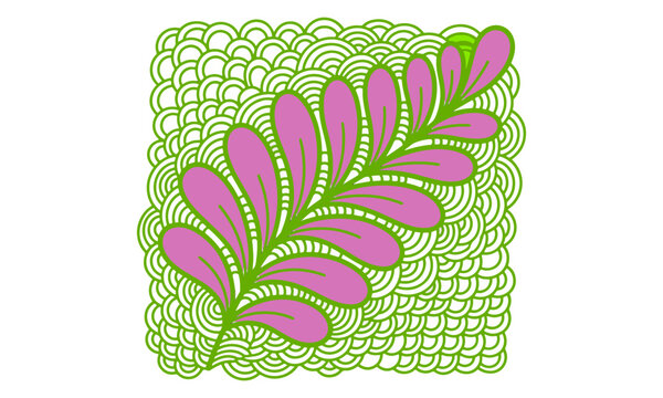 Abstract zentangle floral illustration with pink leaf branch, green doodle line background pattern, and decorative nature art vector