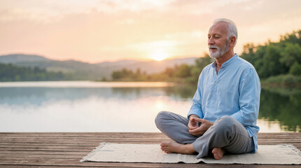 Fototapeta premium Senior man meditating on a wooden dock by a lake at sunrise. Elderly male practicing mindfulness and relaxation outdoors. Active aging and wellness concept