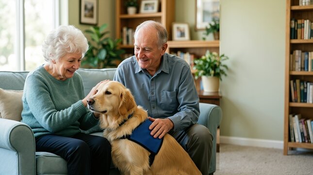 Elderly couple petting a golden retriever therapy dog on a living room couch. Senior man and woman interacting with an emotional support animal. Pet therapy and wellness concept