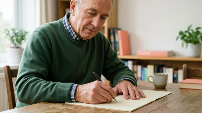 Senior man writing in a notebook at a wooden table. Elderly male taking notes or journaling at home. Retirement lifestyle and memory concept