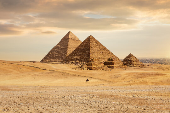 Stunning View of Giza Pyramids in Egypt Desert at Sunset