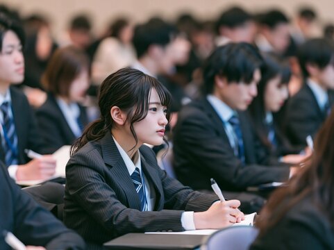 講義室で真剣な表情でノートに書き込みをするブレザー制服の女子学生