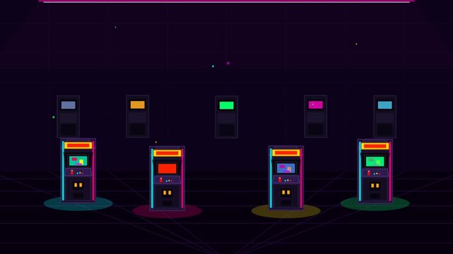 Neon vending machines glow in dark showroom video.