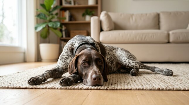 German shorthaired pointer lying down on a living room rug. Obedient brown and white spotted dog resting indoors