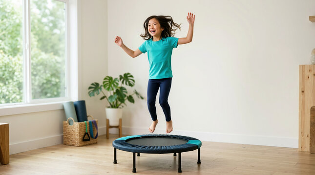 Happy young girl jumping on a mini trampoline indoors. Active child exercising and having fun on a home rebounder