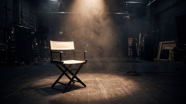 Empty white canvas director chair stands under bright spotlight in dark smoky professional film studio setting for media production