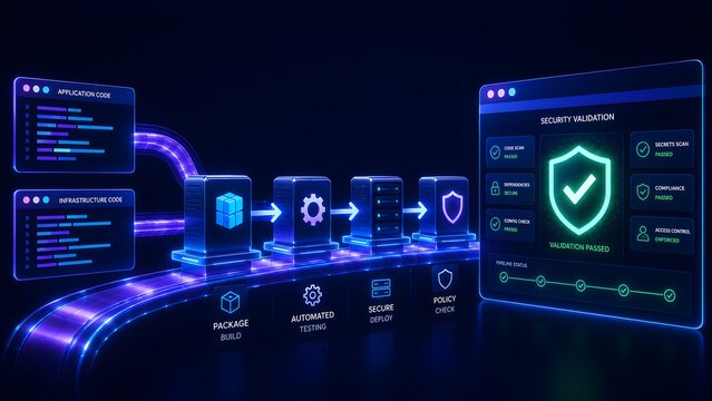Automated security validation pipeline interface displaying infrastructure code processing, automated testing, secure deployment, and a successful validation passed dashboard
