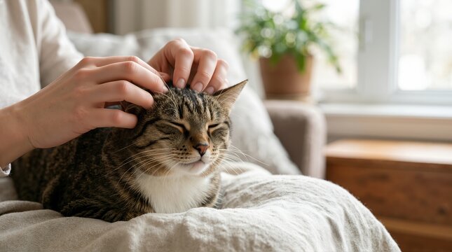 Hands massaging a tabby cat's head. Domestic feline resting on an owner's lap. Pet care and animal affection concept