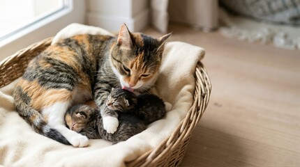 Plakat Mother cat grooming her sleeping kittens in a wicker basket. Maternal feline caring for her young babies at home