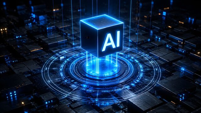 Artificial intelligence core cube hovering over a glowing blue circular circuit board within a dark metallic data server network