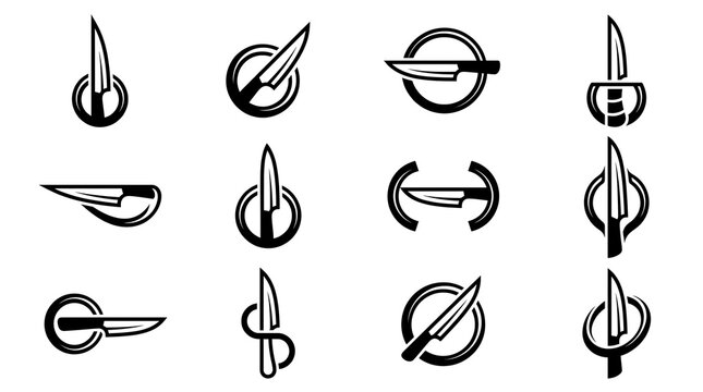 Minimalist kitchen knife logo set, 12 professional chef blade icons, black and white culinary tool symbols for restaurant branding