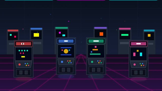 Futuristic neon arcade machines in a row.