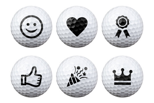Set of golf balls with printed black icons isolated from background