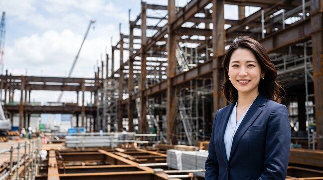 プロフィール写真をイメージした、建築現場の巨大な鉄骨を背にして穏やかな笑顔をカメラに向けている、知的な印象の20代日本人女性社員のバストアップポートレート
