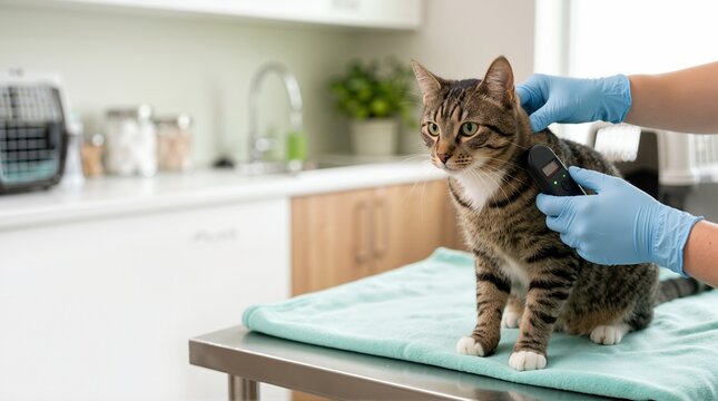 Tabby cat being scanned for microchip at veterinary clinic. Vet checking pet identification with digital scanner
