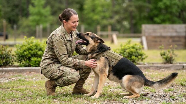 Smiling female soldier with German Shepherd working dog at training ground. Military handler in camouflage uniform with tactical canine
