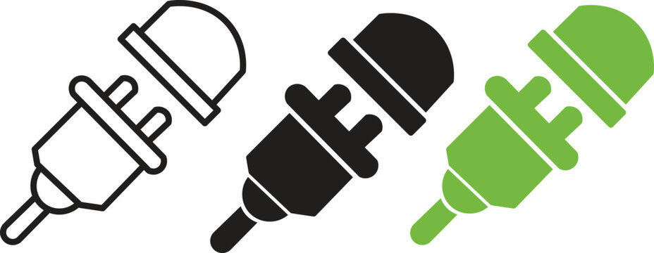 Electric plug and socket icon set showing outline, solid glyph, and green energy design.