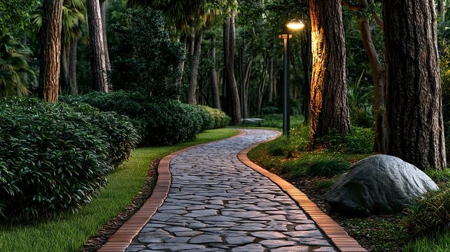 Serene stone path through lush garden at dusk.