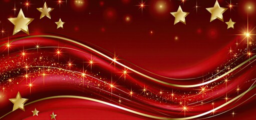 Naklejka premium Red and gold backdrop with swirling waves and stars, perfect for patriotic and celebratory designs.