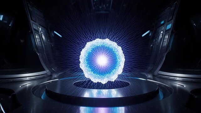 Quantum energy orb: plasma core, stellar fusion, scifi reactor, power source, magnetic shield, dark spaceship, future technology, pulsate light, generate electricity.