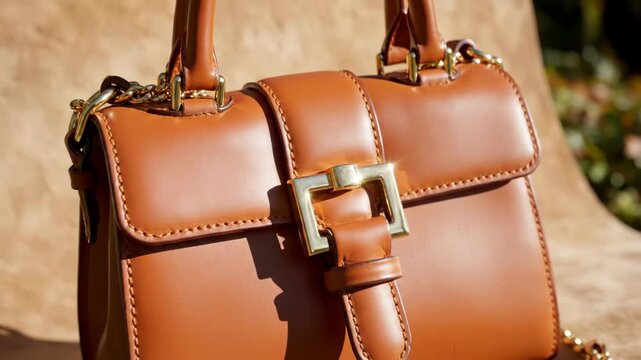 Close-up of a luxury brown leather handbag with a gold buckle. High-end fashion accessory shining in the sunlight. Premium retail and shopping concept