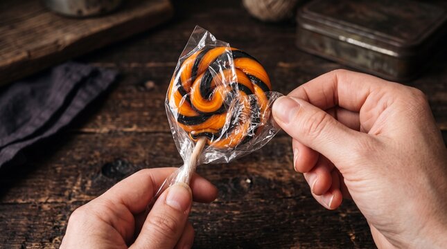 Hands carefully unwrapping plastic packaging from orange and black striped spiral lollipop over rustic dark textured wooden table