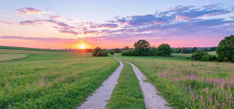 Two diverging paths beneath a colorful sunset, illustrating choice and personal development concepts.