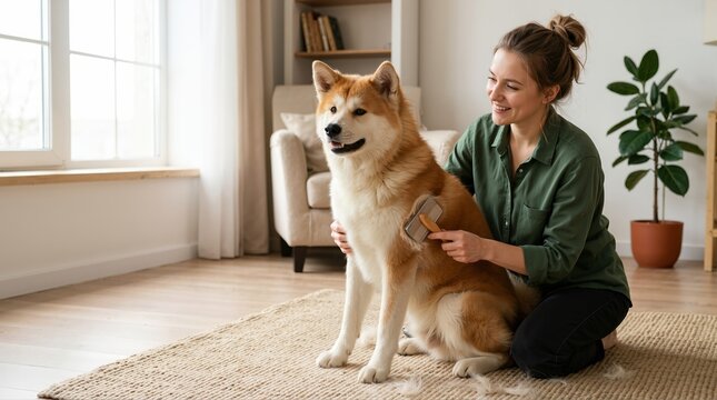 Woman brushing an Akita Inu dog during shedding season. Female pet owner grooming her dog with a slicker brush on a living room rug