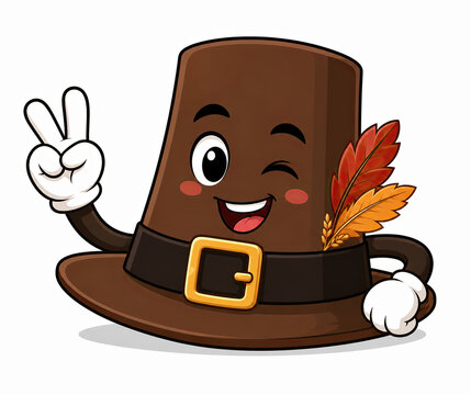 Cute cartoon pilgrim hat character showing a peace sign gesture