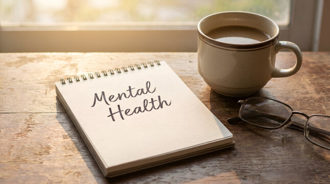 Notebook with mental health text beside coffee cup on wooden desk near window