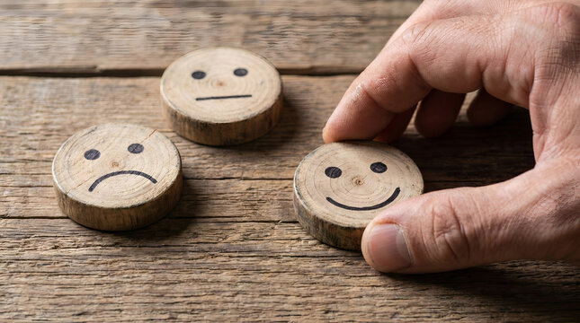 Male hand arranging wooden blocks with drawn faces showing emotional transition