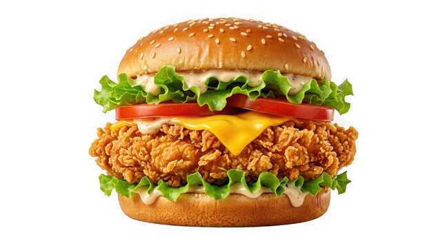 Crispy fried chicken burger with cheese, lettuce, and tomato isolated on transparent background