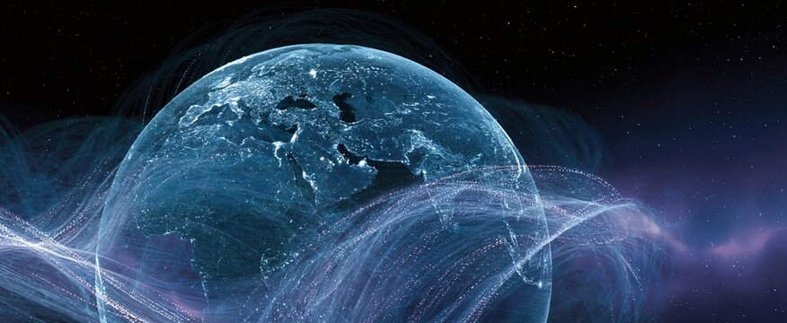 Against a cosmic background, a glowing globe displays linked data streams representing global technology and digital networks.