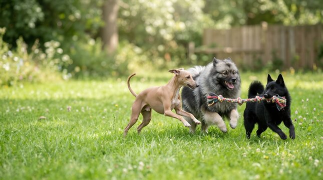 Schipperke, keeshond and italian greyhound dogs playing together. Three different breeds running with a rope toy on a green lawn