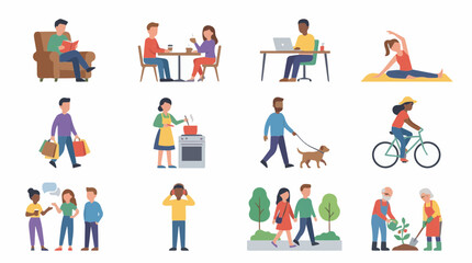 Fototapeta premium Diverse People Lifestyle Scenes with Everyday Activities Flat Vector Illustration Collection
