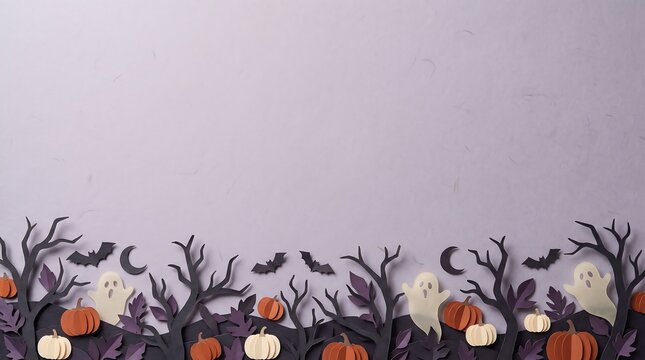 Halloween paper cut scene with pumpkins ghosts bats and branches on purple background