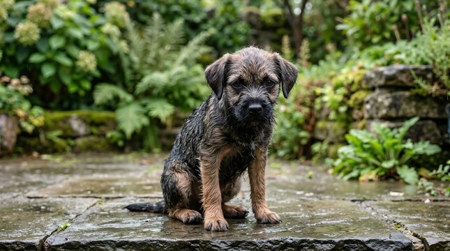 Wet border terrier puppy sitting on wet stone pavers in a garden. Soaked young dog looking at the camera after rain or a bath