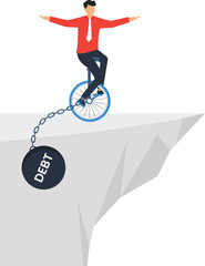 Businessman balancing financial risk debt burden economic crisis precarious situation high risk cliff edge unicycle riding heavy chain business failure personal finance unstable future © Mr Fikh 