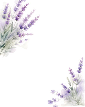 Two diagonally opposite corner sprays of lavender, a loose bundle of flower spikes in the