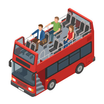 Tourists sit on the upper deck of a red double-decker bus while traveling through a city in this isometric graphic showcasing public transportation and urban sightseeing.