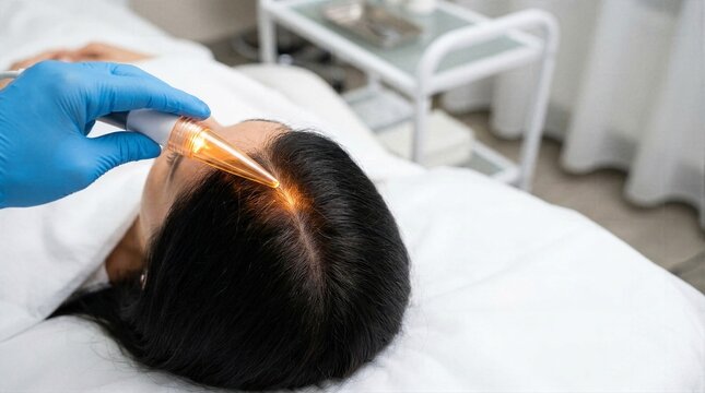 Close up view of specialized high frequency glowing orange wand treating female scalp for stimulating hair follicles and reducing hair loss in dermatology aesthetic center
