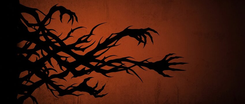 Spooky black clawed branches resembling creeping monster hands silhouette reaching out over grungy textured deep orange background poster