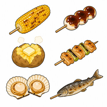 Six Japanese festival stall charcoal-grilled foods arranged in a large open 2x3 grid